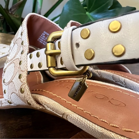 Coach Rylie Beige C Monogram Fabric Studded Leather Block Sandal Heels - Picture 6 of 12